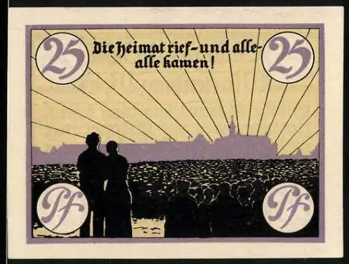 Notgeld Marienburg, 1920, 25 Pfennig, Stadtgeld mit Volksversammlung und Spruch Die Heimat rief - und alle, alle kamen!