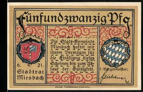 Notgeld Miesbach, 1921, 25 Pfennig, Stadtwappen und Stadtansicht