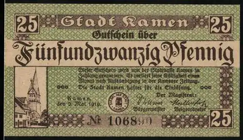 Notgeld Kamen 1919, 25 Pfennig, Stadtansicht und Ornamentdesign