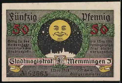 Notgeld Memmingen, 1918, 50 Pfennig, Stadtansicht und Mondgesicht