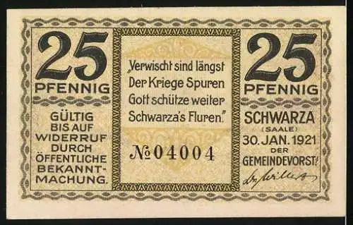 Notgeld Schwarza, 1921, 25 Pfennig, historische Figuren und Landschaftsszene mit Gedicht