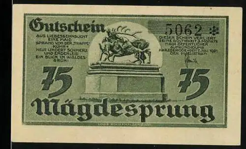 Notgeld Mägdesprung, 1921, 75 Pfennig, Landschaft und Denkmalszene