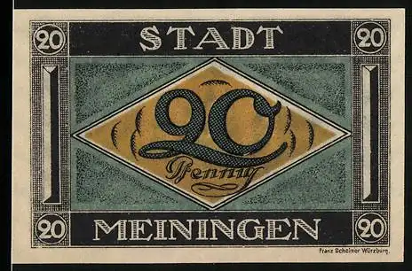 Notgeld Meiningen, 1921, 20 Pfennig, Stadtwappen und Schlossansicht