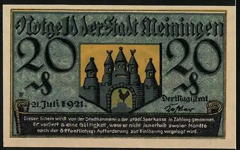 Notgeld Meiningen, 1921, 20 Pfennig, Stadtwappen und Schlossansicht