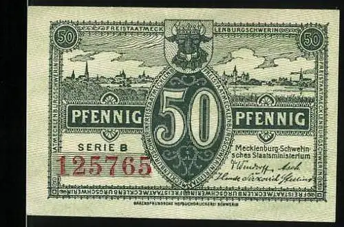 Notgeld Schwerin, 1922, 50 Pfennig, Serie B mit Stadtansicht und roter Seriennummer 125765