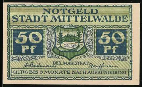 Notgeld Mittelwalde, 50 Pf, mit Stadtwappen und Stadtansicht, Nr. 34276