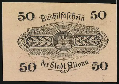 Notgeld Altona 1918, 50 Pfennig, Ausweisschein der Stadt Altona mit Stadtwappen und Unterschriften