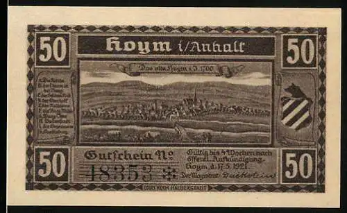 Notgeld Hoym / Anhalt 1921, 50 Pfennig, Altstadtansicht und vorgeschichtliche Funde