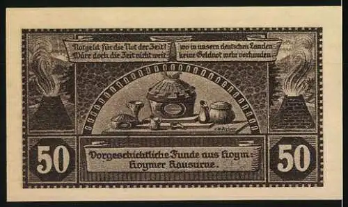 Notgeld Hoym / Anhalt 1921, 50 Pfennig, Altstadtansicht und vorgeschichtliche Funde