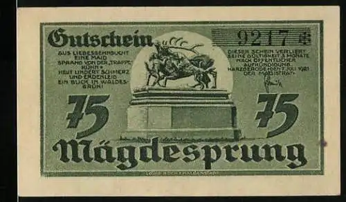 Notgeld Mägdesprung, 1921, 75 Pf, Grün, Landschafts- und Denkmalszenen