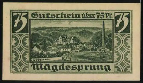 Notgeld Mägdesprung, 1921, 75 Pf, Grün, Landschafts- und Denkmalszenen