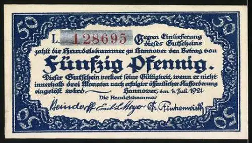 Notgeld Hannover 1921, 50 Pfennig, Leinepartie und Handelskammer-Text in Blau und Weiss