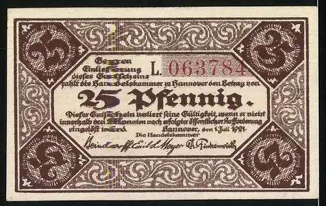 Notgeld Hannover 1921, 25 Pfennig, Markt Kirche und Seriennummer L.063784