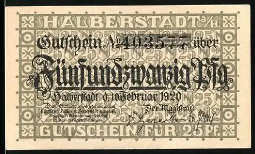 Notgeld Halberstadt 1921, 25 Pfennig, Gutschein Nr. 103577, Stadtansicht und Wappen mit Löwe