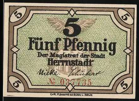 Notgeld Herrnstadt, 1919, 5 Pfennig, Der Magistrat der Stadt, Adler und Schriftzug