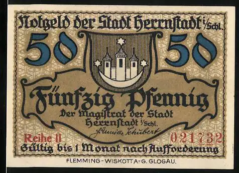 Notgeld Herrnstadt, 1921, 50 Pfennig, Wappen und Gebäudeillustration
