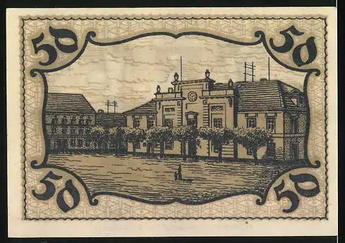 Notgeld Herrnstadt, 1921, 50 Pfennig, Wappen und Gebäudeillustration