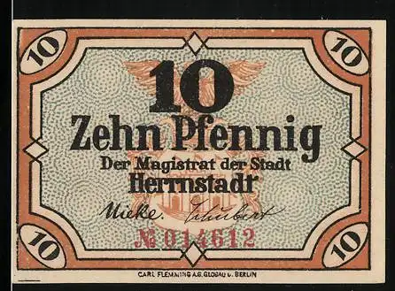 Notgeld Herrnstadt, 1919, 10 Pfennig, Der Magistrat der Stadt Herrnstadt, Adler und Stadtwappen, Einlösung bis 31. Dez.