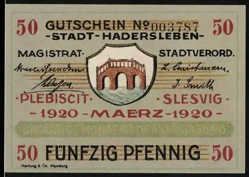 Notgeld Hadersleben, 1920, 50 Pfennig, Gutschein mit Stadtwappen und Landschaftsbild