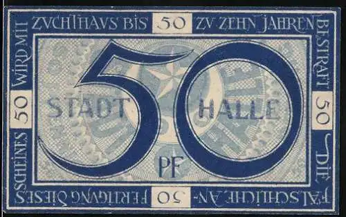 Notgeld Halle, 1920, 50 Pfennig, Stadt Halle bis 1. Mai 1920 gültig, blaues und braunes Design