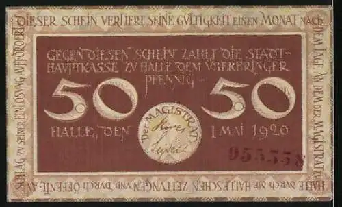 Notgeld Halle, 1920, 50 Pfennig, Stadt Halle bis 1. Mai 1920 gültig, blaues und braunes Design