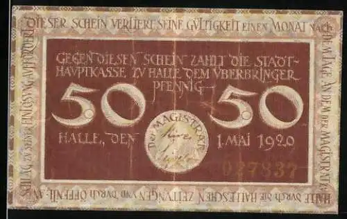 Notgeld Halle, 1920, 50 Pfennig, braun und blau, beidseitig bedruckt mit Stadtwappen und Inschrift