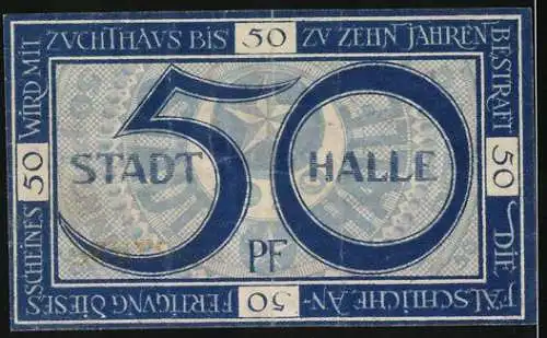 Notgeld Halle, 1920, 50 Pfennig, braun und blau, beidseitig bedruckt mit Stadtwappen und Inschrift