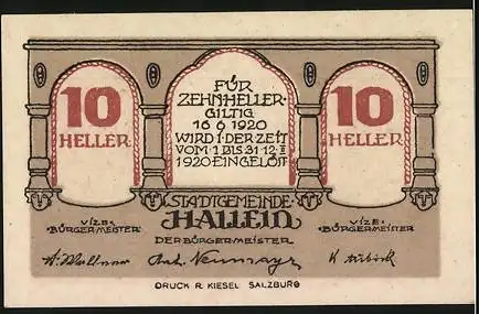 Notgeld Hallein, 1920, 10 Heller, Schüler- und Handwerksmotive, Gültigkeit bis 31.12.1920