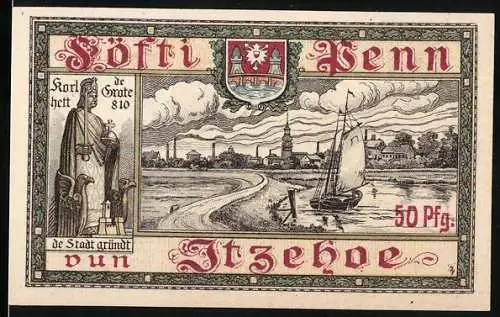 Notgeld Itzehoe, 1918, 50 Pfennig, Karl der Grosse und Stadtansicht mit Segelboot, Rückseite Text und Nummer 29490