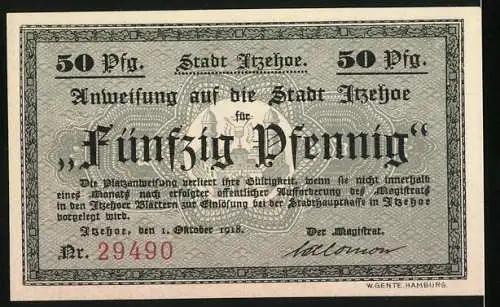 Notgeld Itzehoe, 1918, 50 Pfennig, Karl der Grosse und Stadtansicht mit Segelboot, Rückseite Text und Nummer 29490