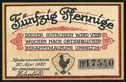 Notgeld Kaltennordheim, 1920, 50 Pfennig, Stadtansicht und Spruch Das Alte stürzt, es ändert sich die Zeit