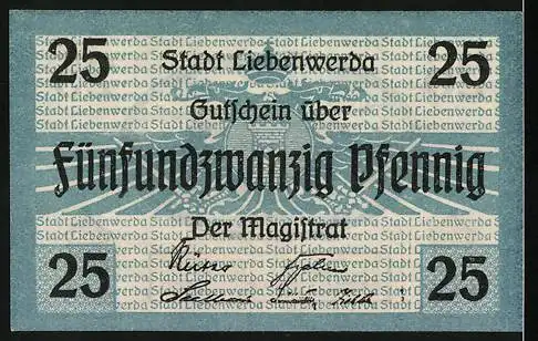 Notgeld Liebenwerda, 25 Pfennig, Rathaus und Wappen, blau und schwarz, Vorder- und Rückseite, gültig für zwei Monate