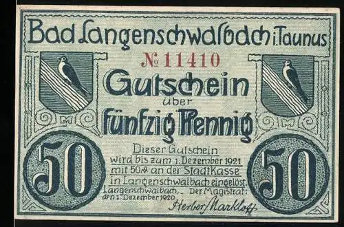 Notgeld Bad Langenschwalbach 1921, 50 Pfennig, Gutschein mit Moorbad und Stahlbad Szenen