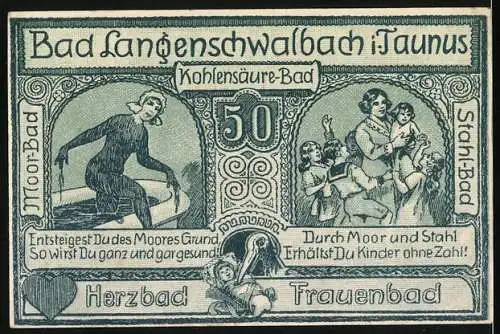 Notgeld Bad Langenschwalbach 1921, 50 Pfennig, Gutschein mit Moorbad und Stahlbad Szenen