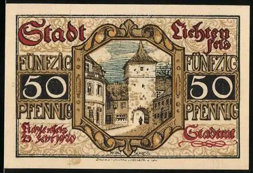 Notgeld Lichtenfels, 1920, 50 Pfennig, Stadtansicht und Wappen mit Kerzen, gültig bis zur Einlösung