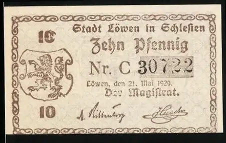 Notgeld Löwen 1920, 10 Pfennig, Stadt Löwen in Schlesien Gutschein über Zehn Pfennig