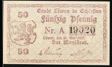 Notgeld Löwen, 1920, 50 Pfennig, Stadt Löwen in Schlesien, gültig drei Monate nach Abkauf