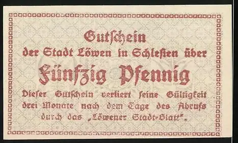 Notgeld Löwen, 1920, 50 Pfennig, Stadt Löwen in Schlesien, gültig drei Monate nach Abkauf