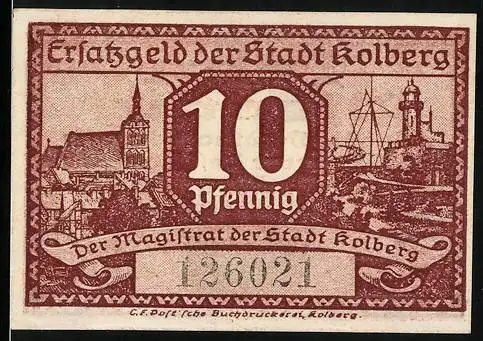Notgeld Kolberg, 1917, 10 Pfennig, Erzatzgeld der Stadt Kolberg Abbildung von Gebäuden und Stadtwappen