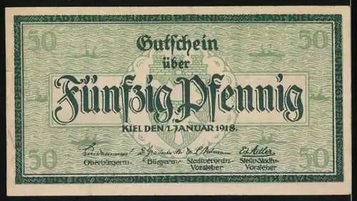 Notgeld Kiel, 1918, 50 Pfennig, Gutschein mit Stadtansicht und Inschriften