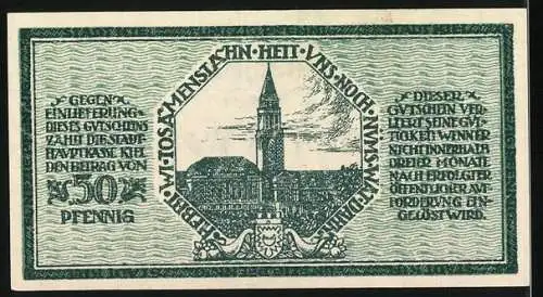 Notgeld Kiel 1918, 50 Pfennig, Gutschein über Fünfzig Pfennig mit Stadtansicht und Text