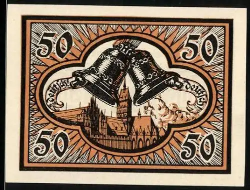 Notgeld Marienburg, 1920, 50 Pfennig, Glocken und Kirche, Widmung zur Volksabstimmung
