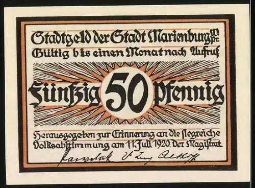 Notgeld Marienburg, 1920, 50 Pfennig, Glocken und Kirche, Widmung zur Volksabstimmung