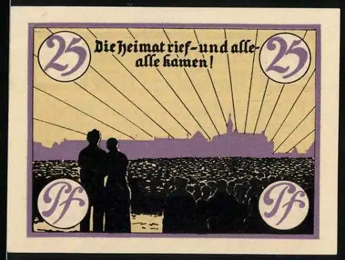 Notgeld Marienburg 1920, 25 Pfennig, Erinnerung an die erfolgreiche Volksabstimmung 11. Juli 1920, Stadtgeld der Stadt M