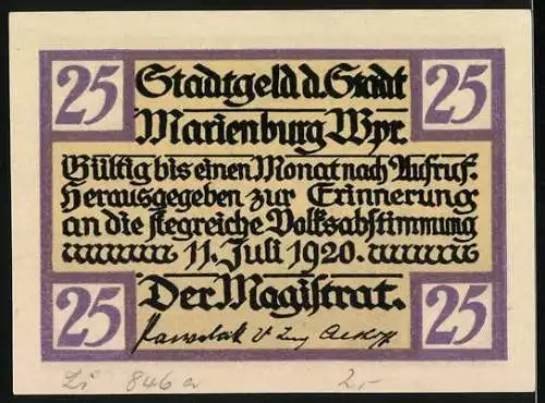 Notgeld Marienburg 1920, 25 Pfennig, Erinnerung an die erfolgreiche Volksabstimmung 11. Juli 1920, Stadtgeld der Stadt M