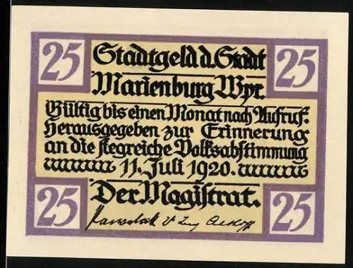 Notgeld Marienburg 1920, 25 Pfennig, Stadtgeld der Stadt mit Volksabstimmung und Menschenmenge
