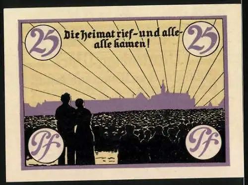 Notgeld Marienburg 1920, 25 Pfennig, Stadtgeld der Stadt mit Volksabstimmung und Menschenmenge