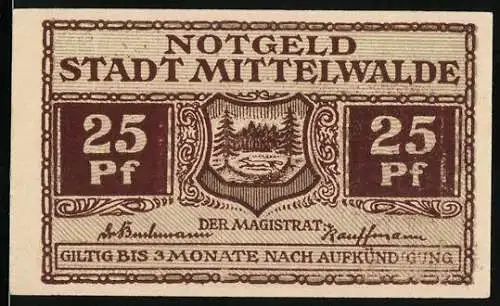 Notgeld Mittelwalde, 25 Pf, Stadtwappen und Landschaftsansicht mit Nummer 12282