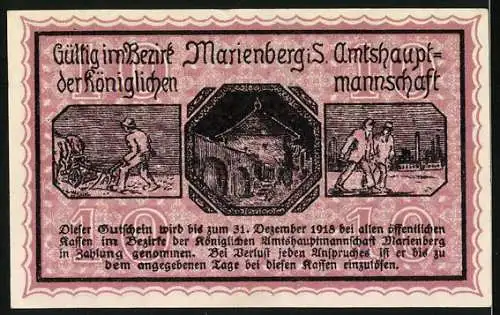 Notgeld Marienberg, 1917, 10 Pfennig, Gutschein über zehn Pfennig, Wappen, rückseitige Szenen