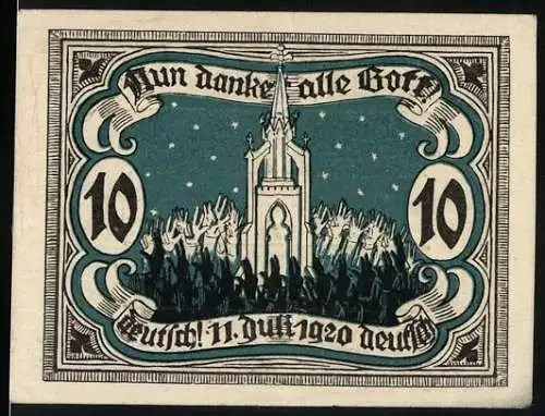 Notgeld Marienburg, 1920, 10 Pfennig, Gültig bis einen Monat nach Aufruf, Erinnerung an Volksabstimmung, Kirche und Men
